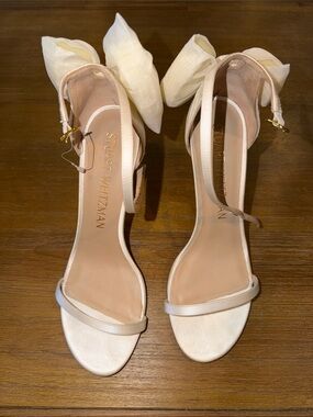 Stuart Weitzman Ivory Satin Bow Ankle-Strap Heels